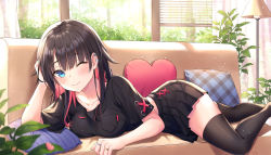 Rule 34 | 1girl, bad id, bad twitter id, black hair, black shirt, black skirt, black thighhighs, blue eyes, blurry, breast pocket, breasts, closed mouth, collarbone, colored inner hair, couch, crop top, depth of field, ear piercing, highres, long hair, looking at viewer, lying, medium breasts, midriff, miniskirt, multicolored hair, on couch, on stomach, one eye closed, original, piercing, pillow, pleated skirt, pocket, shirt, short sleeves, skirt, smile, solo, soyubee, thighhighs, two-tone hair, zettai ryouiki
