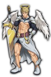 1boy 8_(yamalu) abs anchor angel_wings bara black_male_underwear blonde_hair blue_eyes closed_mouth facial_scar gloves halo holding holding_sword holding_weapon large_pectorals looking_at_viewer male_focus male_underwear mature_male muscular muscular_male navel original pectoral_cleavage pectorals scar scar_on_cheek scar_on_face shoes short_hair smile solo sword underwear weapon white_footwear white_gloves wings