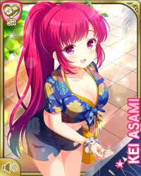 Rule 34 | 1girl, :d, asami kei, bare arms, beach, blue shirt, breasts, card (medium), character name, cleavage, day, denim, denim shorts, flower, girlfriend (kari), hair flower, hair ornament, large breasts, medium breasts, official art, one eye closed, open mouth, outdoors, pink eyes, pink hair, ponytail, qp:flapper, shirt, shorts, smile, sparkle, tagme, tied shirt, tropical