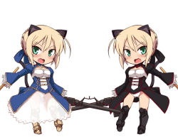 Rule 34 | 10s, 2girls, :d, alternate color, animal ears, armor, artoria pendragon (all), artoria pendragon (fate), blonde hair, blush, cat ears, cat tail, chibi, cosplay, dual persona, fang, fate/extra, fate (series), greaves, green eyes, gun, heinrike prinzessin zu sayn-wittgenstein, high-explosive anti-tank (warhead), machine gun, man-portable anti-tank systems, multiple girls, nero claudius (fate), nero claudius (fate) (all), nero claudius (fate/extra) (cosplay), noble witches, null (nyanpyoun), open mouth, panzerfaust, recoilless gun, saber (fate), smile, strike witches, tail, weapon, world witches series