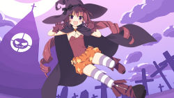 Rule 34 | 1girl, blush, boots, cape, child, drill hair, fang, graveyard, hair ornament, halloween, hat, hazuki watora, highres, kani biimu, long hair, momoko (momopoco), navel, open mouth, original, pumpkin, purple eyes, red hair, shirakawa mayo, shorts, solo, striped clothes, striped thighhighs, thighhighs, twin drills, twintails, very long hair, witch, witch hat