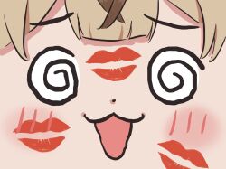 1girl @_@ brown_hair close-up commentary genshin_impact implied_yuri kirara_(genshin_impact) lipstick_mark lipstick_mark_on_face looking_at_viewer open_mouth solo symbol-only_commentary xinzoruo