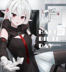 Rule 34 | 1girl, ao oni (onioni-aoi), arknights, cotton swab, earrings, fangs, gloves, hair ornament, highres, holding, holding cotton swab, holding needle, jewelry, looking at viewer, needle, pale skin, pointy ears, red eyes, vampire, warfarin (arknights), white gloves