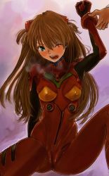 Rule 34 | 1girl, ;o, arm behind back, arm up, bad id, bad pixiv id, blue eyes, blush, bodysuit, bracer, breasts, breath, brown hair, cameltoe, clenched hand, covered erect nipples, gloves, green eyes, hair between eyes, hair ornament, heavy breathing, hip focus, holding another&#039;s wrist, kito (coyo), knee up, long hair, medium breasts, neon genesis evangelion, one eye closed, open mouth, orange hair, pilot suit, plugsuit, red hair, sitting, skin tight, solo focus, souryuu asuka langley, spread legs, tight clothes, turtleneck, two side up, wince, wink