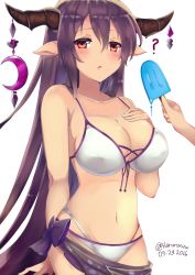 Rule 34 | 10s, 1girl, ?, arm behind back, bikini, blush, breasts, crescent, danua, draph, granblue fantasy, hair between eyes, hand on own chest, harurun zw, horn ornament, horns, large breasts, long hair, looking at viewer, pointy ears, popsicle, purple hair, red eyes, solo focus, swimsuit, white bikini