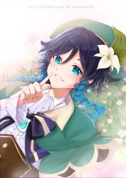 Rule 34 | 1boy, absurdres, artist name, beret, black hair, blue hair, blush, bow, braid, cape, collared shirt, commentary, dutch angle, flower, frilled sleeves, frills, genshin impact, gradient hair, grass, green cape, green eyes, green hat, hair between eyes, hair flower, hair ornament, hanapen, hat, highres, index finger raised, long sleeves, looking at viewer, lying, male focus, multicolored hair, on back, parted lips, purple bow, shirt, sidelocks, smile, solo, twin braids, upper body, venti (genshin impact), white background, white flower