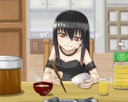Rule 34 | black hair, chopsticks, eating, long hair, minarai, original, red eyes, solo