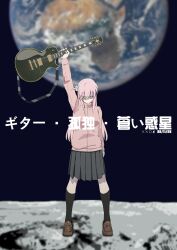 Rule 34 | 1girl, black socks, bocchi the rock!, brown footwear, closed eyes, closed mouth, commentary, cube hair ornament, dated, earth (planet), electric guitar, full body, gotoh hitori, guitar, hair ornament, hashtag-only commentary, highres, holding, holding guitar, holding instrument, instrument, jacket, kneehighs, loafers, long hair, long sleeves, moon, pink hair, pink jacket, planet, shaded face, shoes, socks, solo, space, standing, track jacket, translation request, xxox