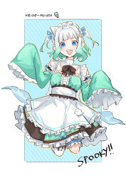 Rule 34 | 1girl, absurdres, blue eyes, bow, dress, frills, ghost, gradient hair, green dress, green hair, highres, indie virtual youtuber, maid headdress, maplesights, mint fantome, multicolored hair, sleeves past wrists, solo, two side up, white hair