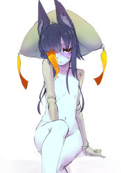 Rule 34 | 1girl, animal ears, bad id, bad pixiv id, between legs, black hair, blue skin, blush, colored skin, convenient leg, doll joints, embarrassed, flat chest, green skin, hand between legs, joints, looking at viewer, navel, nipples, nude, original, parted lips, red eyes, simple background, solo, solopipb, stitched face, stitches, white background, zombie