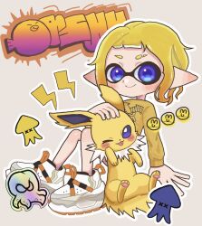 Rule 34 | 1girl, blonde hair, blue eyes, commentary request, creatures (company), game freak, gen 1 pokemon, highres, inkling, inkling girl, inkling player character, jolteon, lightning bolt symbol, mina p, nintendo, one eye closed, pawpads, pointy ears, pokemon, pokemon (creature), shirt, shoes, short hair, sitting, smile, splatoon (series), sticker, white background, white footwear, yellow fur, yellow shirt