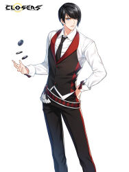 Rule 34 | 1boy, belt, black belt, black hair, black necktie, black pants, black vest, blue eyes, chulsoo kim (closers), closers, collared shirt, copyright name, croupier, dress pants, dress shirt, feet out of frame, hair over one eye, hand on own hip, highres, logo, long sleeves, looking at viewer, male focus, necktie, official art, pants, parted lips, poker chip, shirt, short hair, solo, standing, sweat, swept bangs, tossing, turning head, vest, waistcoat, white background, white shirt