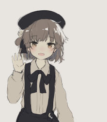 Rule 34 | 1girl, :d, beret, black hat, black skirt, blush, brown eyes, brown hair, collared shirt, fangs, flower, grey background, hair flower, hair ornament, hand up, hat, hatoba tsugu, long sleeves, looking at viewer, mole, mole under eye, open mouth, rose, shirt, simple background, sketch, skirt, smile, solo, suspender skirt, suspenders, suzumori uina, virtual youtuber, white flower, white rose, white shirt