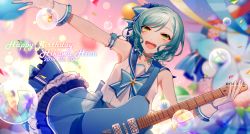 Rule 34 | 1girl, :d, aqua hair, armband, asd13, back bow, bad id, bad pixiv id, balloon, bang dream!, blue bow, blue bowtie, blue choker, blue flower, blue skirt, blurry, blurry background, bow, bowtie, braid, bubble, character name, choker, commentary request, confetti, dated, dress, electric guitar, flower, frilled gloves, frilled skirt, frills, gloves, green eyes, guitar, hair bow, hair flower, hair ornament, happy birthday, highres, hikawa hina, instrument, looking at viewer, open mouth, outstretched arm, school uniform, serafuku, side braids, skirt, sleeveless, sleeveless dress, smile, solo, streamers, striped choker, white gloves