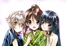 Rule 34 | 10s, 3girls, amagi (kancolle), bare shoulders, black hair, blue eyes, blunt bangs, brown eyes, brown hair, camouflage, eyebrows, furisode, girl sandwich, hair between eyes, hand on another&#039;s shoulder, japanese clothes, jitome, kantai collection, kimono, long hair, looking at viewer, mizuho (kancolle), multiple girls, ponytail, sandwiched, senomoto hisashi, short sleeves, silver hair, smile, unryuu (kancolle), upper body, yellow eyes
