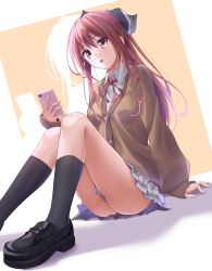 Rule 34 | 1girl, :o, arm support, bad id, bad pixiv id, black socks, blush, breasts, brown hair, cardigan, cellphone, dress shirt, dutch angle, earbuds, earphones, hair between eyes, highres, holding, holding phone, kawakami hotori, knees together feet apart, knees up, loafers, long hair, looking at viewer, neck ribbon, original, outline, outside border, phone, pleated skirt, ponytail, ribbon, school uniform, shirt, shoes, sidelocks, sitting, skirt, sleeves past wrists, smartphone, socks, solo