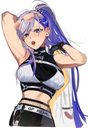 Rule 34 | 1girl, armpits, blue eyes, blue hair, breasts, candy, earrings, eus ing, eyewear on head, food, gloves, grey hair, highres, hololive, hololive indonesia, jewelry, lollipop, long hair, looking at viewer, medium breasts, open mouth, pavolia reine, pavolia reine (streetwear), ponytail, simple background, solo, sunglasses, teeth, very long hair, virtual youtuber, white background