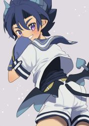 Rule 34 | 1boy, black undershirt, blue hair, blush, child, demon boy, demon tail, demon wings, from behind, great kichi, hair between eyes, horns, looking at viewer, looking back, low wings, mini wings, open mouth, pointy ears, pop-up story, purple eyes, sailor, sailor collar, shirt, short sleeves, shorts, simple background, smile, solo, tail, teeth, tsurime, white background, white shirt, white shorts, wings, ziz glover