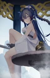 Rule 34 | 1girl, architecture, arknights, bare legs, black gloves, blue eyes, blue hair, braid, braided ponytail, breasts, commentary, cup, dragon horns, dress, earrings, east asian architecture, eyeshadow, feet out of frame, fog, glint, gloves, gourd, hair between eyes, high ponytail, highres, holding, holding cup, horns, jewelry, knee up, ling (arknights), long hair, looking at viewer, makeup, medium breasts, mountainous horizon, outdoors, parted lips, pointy ears, ponytail, red eyeshadow, sakazuki, sitting, smile, solo, tamako (tmc dr), tassel, tassel earrings, thighs, very long hair, white dress