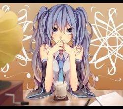 Rule 34 | 1girl, bad id, bad pixiv id, blue eyes, blue hair, covering own mouth, detached sleeves, drink, hatsune miku, highres, letterboxed, long hair, looking at viewer, matching hair/eyes, necktie, phonograph, ri-rihoo, simple background, solo, twintails, vocaloid