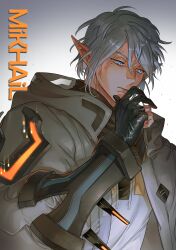 Rule 34 | 1boy, 5altybitter5, absurdres, blue eyes, character name, closed mouth, gloves, grey hair, grey jacket, highres, jacket, looking down, lord of heroes, male focus, mikhail blake, mole, mole above eye, mole under eye, open clothes, open jacket, partially fingerless gloves, pointy ears, solo, upper body