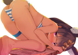 Rule 34 | animal ear fluff, animal ears, ass, bare arms, bare legs, bare shoulders, barefoot, bikini, blush, brown hair, closed mouth, commentary request, dark-skinned female, dark skin, long hair, looking at viewer, nose blush, original, purple eyes, simple background, skindentation, soles, striped bikini, striped clothes, surio, swimsuit, tail, thigh strap, top-down bottom-up, white background