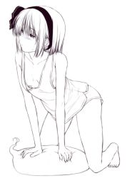 Rule 34 | 1girl, bare arms, bare shoulders, barefoot, blush, breasts, collarbone, commentary request, dolphin shorts, greyscale, gym shorts, hair ribbon, hairband, hitodama, kneeling, konpaku youmu, konpaku youmu (ghost), monochrome, nori tamago, nose blush, ribbon, short hair, short shorts, shorts, sidelocks, simple background, sketch, small breasts, solo, tank top, thighs, touhou, unfinished, white background