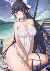 Rule 34 | 1girl, absurdres, azur lane, black hair, blush, bow, breasts, collarbone, error1945, hair flaps, highleg, highleg swimsuit, highres, large breasts, long hair, looking at viewer, navel, one-piece swimsuit, open mouth, ponytail, solo, swimsuit, takao (azur lane), thighs, white bow, white one-piece swimsuit