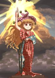 Rule 34 | 1girl, arm up, blonde hair, clownpiece, columbia pictures, hat, jester cap, kindei (kondei26), long hair, one-hour drawing challenge, parody, red eyes, smile, solo, touhou