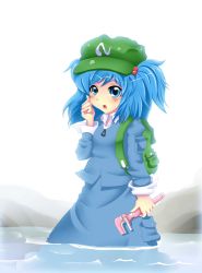 Rule 34 | 1girl, adjustable wrench, backpack, bag, blue eyes, blue hair, blush, hair bobbles, hair ornament, hat, highres, kawashiro nitori, mujib, open mouth, short hair, touhou, twintails, two side up, water, wrench
