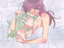 Rule 34 | 2girls, alternate hairstyle, anna (frozen), bare shoulders, bed, blonde hair, brown hair, elsa (frozen), closed eyes, kissing forehead, frozen (disney), hair down, hand on another&#039;s head, hug, incest, kiss, kissing forehead, lying, multiple girls, nude, siblings, sisters, yama (yama005), yuri
