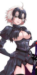 Rule 34 | 1girl, ahoge, armor, black pants, black thighhighs, blonde hair, breasts, chain, cleavage, cowboy shot, fate/grand order, fate (series), fengya, gauntlets, gluteal fold, hair between eyes, hand on hilt, hand on own hip, highres, jeanne d&#039;arc (fate), jeanne d&#039;arc alter (avenger) (fate), jeanne d&#039;arc alter (fate), large breasts, long hair, open mouth, pants, shiny clothes, shiny skin, short hair, smile, solo, standing, thighhighs, underboob, yellow eyes