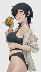 Rule 34 | 1girl, beer can, black hair, black panties, black tank top, breasts, can, chainsaw man, chocorut, covered erect nipples, crop top, drink can, eyepatch, hand on own stomach, highres, himeno (chainsaw man), large breasts, looking at viewer, off shoulder, open clothes, open shirt, panties, short hair, simple background, smile, solo, sweatdrop, tank top, thighs, underwear