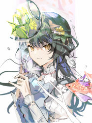 Rule 34 | 1girl, branch, carp, closed mouth, dress, fishbowl, flower, hair flower, hair ornament, hand up, juliet sleeves, leaf, long sleeves, looking at viewer, project sekai, puffy sleeves, pyongtaro, shiraishi an, smile, solo, upper body, virtual youtuber, white background, white dress, yellow flower