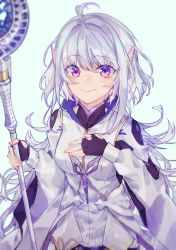 Rule 34 | 1girl, ahoge, black gloves, blush, breasts, closed mouth, fate/grand order, fate/prototype, fate (series), fingerless gloves, gloves, highres, holding, holding staff, hooded robe, long hair, long sleeves, looking at viewer, medium breasts, merlin (fate/prototype), merlin (fate/prototype) (second ascension), p-mou, purple eyes, robe, smile, staff, very long hair, white hair, white hood, wide sleeves
