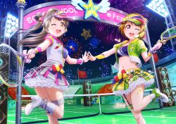 Rule 34 | 2girls, artist request, boots, bow, breasts, brown hair, collarbone, copyright name, fireworks, flag, frilled skirt, frills, garter straps, hair bow, headset, holding, holding hands, koizumi hanayo, long hair, looking at viewer, love live!, love live! school idol festival, love live! school idol project, medium breasts, midriff, minami kotori, multiple girls, navel, night, night sky, official art, one eye closed, one side up, open mouth, outdoors, pleated skirt, puffy short sleeves, puffy sleeves, purple eyes, racket, short hair, short sleeves, skirt, sky, smile, star tattoo, striped, tattoo, tennis court, tennis net, tennis racket, visor cap