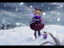 Rule 34 | 1girl, amo (shibu3), blonde hair, blue eyes, boots, bow, capelet, doll, dress, female focus, hair bow, hair ribbon, letterboxed, medicine melancholy, mittens, open mouth, ribbon, short hair, snow, snowing, solo, su-san, touhou, wings, winter, winter clothes