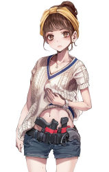 Rule 34 | 1girl, absurdres, belt, brown eyes, brown hair, clothes lift, commentary, concealed weapon, earrings, glock, gun, handgun, highres, jewelry, karambit, koh (minagi kou), looking at viewer, magazine (weapon), navel, necklace, original, short hair, shorts, solo, standing, stud earrings, sweater, sweater lift, watch, weapon, white background, wristwatch