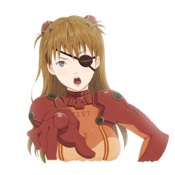 Rule 34 | 00s, 1girl, bad id, bad pixiv id, blue eyes, bodysuit, brown hair, evangelion: 2.0 you can (not) advance, eyepatch, foreshortening, latex, long hair, multicolored clothes, neon genesis evangelion, one eye covered, open mouth, pilot suit, plugsuit, pointing, realistic, rebuild of evangelion, science fiction, simple background, skin tight, solo, souryuu asuka langley, teeth, test plugsuit, upper teeth only, w-i-marion, white background