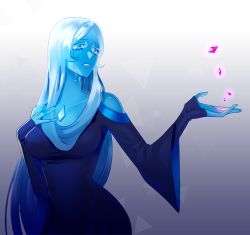 Rule 34 | 1girl, blue diamond (steven universe), blue dress, blue eyes, blue hair, blue skin, breasts, chest jewel, clenched teeth, colored skin, crying, dress, gem, gradient background, highres, ktsis, large breasts, long hair, outstretched arm, sad, silver hair, simple background, solo, steven universe, symbol-shaped pupils, tears, teeth, upper body, very long hair, wide sleeves