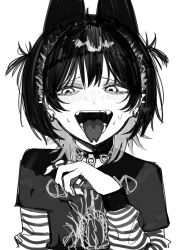 Rule 34 | 1girl, animal ear headwear, blush, choker, earrings, fake animal ears, forked tongue, greyscale, highres, jewelry, long sleeves, looking at viewer, monochrome, open mouth, original, short hair, simple background, sirayukisiu, sketch, solo, striped sleeves, sweat, tongue, upper body