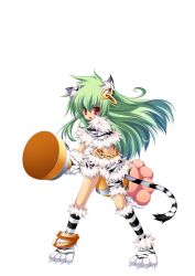 Rule 34 | 1girl, animal ears, animal hands, anklet, cat ears, chain, crop top, earrings, fighting stance, full body, gloves, green hair, highres, jewelry, koihime musou, kuwada yuuki, long hair, midriff, moukaku, paw gloves, paw shoes, polearm, red eyes, shoes, skirt, solo, tail, transparent background, weapon