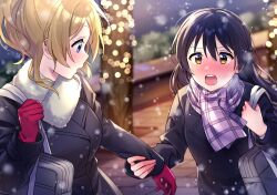 Rule 34 | 2girls, ayase eli, black coat, blonde hair, blue eyes, blue hair, blush, coat, commentary request, gloves, highres, long hair, long sleeves, looking at another, love live!, love live! school idol project, multiple girls, nanatsu no umi, open mouth, ponytail, red gloves, scarf, sonoda umi, swept bangs, winter clothes, winter coat, yellow eyes, yuri
