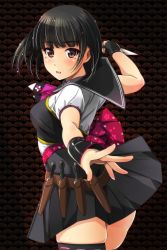 Rule 34 | 1girl, aliasing, arms at sides, beatmania, beatmania iidx, black hair, black skirt, black thighhighs, blush, breasts, brown eyes, from side, highres, hinazuki ririna, holding, holding knife, holding weapon, knife, looking at viewer, matsunaga kouyou, open mouth, short hair, short sleeves, skirt, solo, thighhighs, weapon