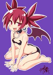 Rule 34 | 1girl, bare arms, bare legs, bare shoulders, barefoot, bat wings, black panties, choker, commentary request, demon girl, demon wings, disgaea, earrings, etna (disgaea), fang, flat chest, full body, hands on ground, highres, jewelry, looking at viewer, midriff, mini wings, open mouth, panties, pointy ears, purple background, red eyes, red hair, red wings, simple background, sitting, sketch, skull earrings, smile, solo, tongue, tongue out, underwear, usagi koushaku, wariza, wings