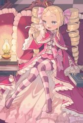 Rule 34 | 1girl, :d, beatrice (re:zero), blonde hair, blue eyes, blurry, blush, book, bow, butterfly-shaped pupils, capelet, cat, commentary request, crown, cushion, dress, drill hair, eyelashes, frills, fur-trimmed capelet, fur trim, hair ribbon, highres, holding, holding book, indoors, lantern, long hair, long sleeves, mini crown, open mouth, pantyhose, parted bangs, parupin, pink bow, pink ribbon, puck (re:zero), re:zero kara hajimeru isekai seikatsu, ribbon, sidelocks, sitting, smile, striped clothes, striped pantyhose, symbol-shaped pupils, tile floor, tiles, tongue, twin drills, twintails