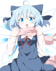 Rule 34 | 1girl, :o, ahoge, blue bow, blue dress, blue eyes, blue hair, blush, bow, breasts, chestnut mouth, cirno, collared shirt, do (4-rt), dress, hair bow, hands up, highres, ice, ice wings, long sleeves, looking at viewer, neck ribbon, pinafore dress, pink scarf, red ribbon, ribbon, scarf, shirt, short hair, simple background, sleeveless, sleeveless dress, small breasts, solo, straight-on, tareme, touhou, upper body, white background, white shirt, wings