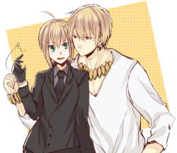 Rule 34 | 1boy, 1girl, ahoge, artoria pendragon (all), artoria pendragon (fate), black gloves, blonde hair, bracelet, casual, earrings, fate/stay night, fate/zero, fate (series), formal, gilgamesh (fate), gloves, green eyes, jewelry, machi (machiruda), necklace, official alternate costume, pant suit, pants, red eyes, saber (fate), short hair, suit