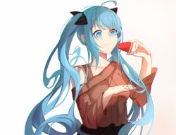 Rule 34 | 1girl, ahoge, alternate costume, blue eyes, blue hair, chinese commentary, eating, food, fruit, hatsune miku, highres, holding, holding food, holding fruit, jijing zishui, long hair, looking down, solo, twintails, very long hair, vocaloid, watermelon, watermelon seeds