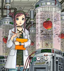 Rule 34 | 1girl, apple, aqua eyes, areyoume, ayumi k, bubble, camouflage, dress, food, fruit, gauge, green dress, hairband, indoors, lab coat, laboratory, lowres, notebook, oekaki, original, parted lips, pen, pencil, science, solo, stasis tank, striped clothes, striped thighhighs, thighhighs, tube, twintails, zettai ryouiki